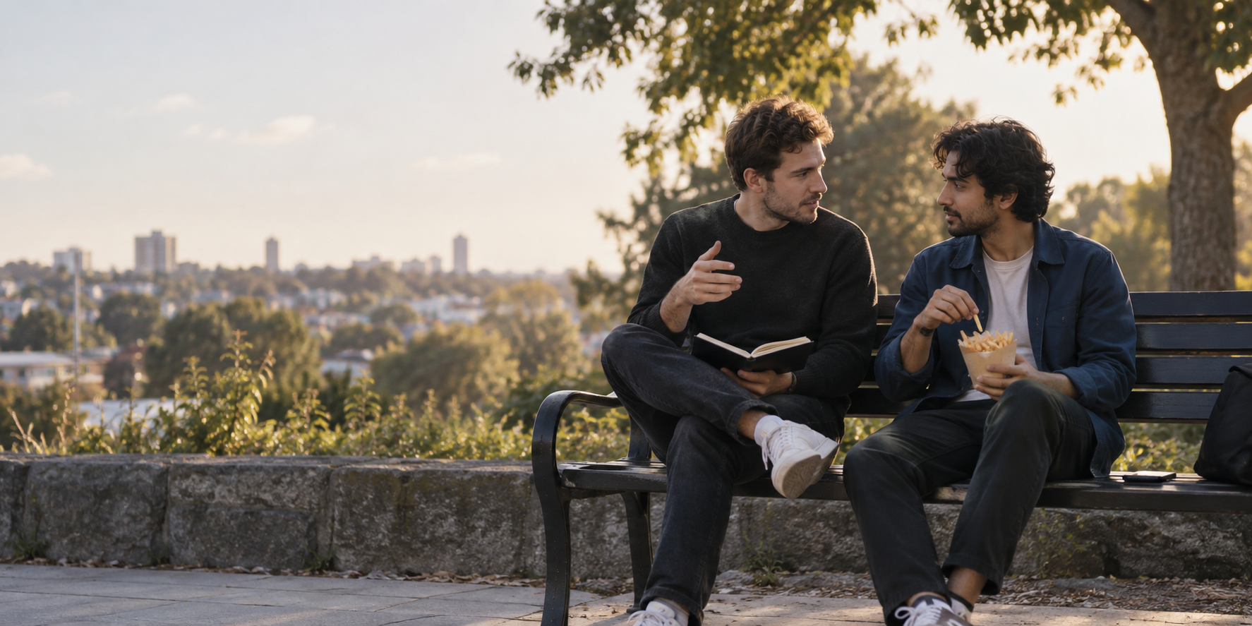 Two friends sharing fries and discussing an idea on a park bench